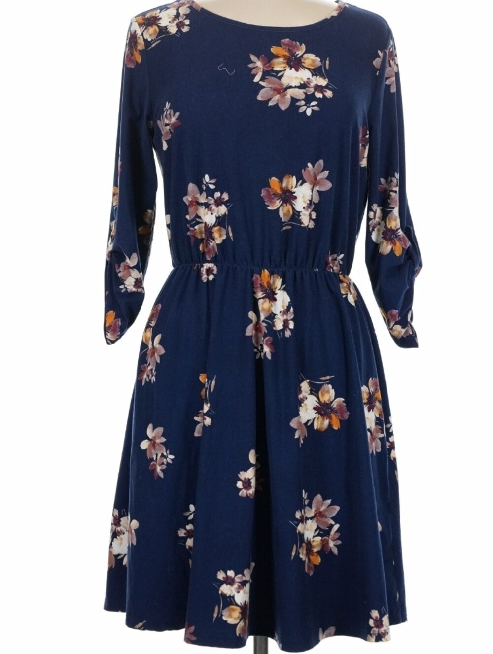 French Grey Navy Floral Mid Sleeve Midi Dress